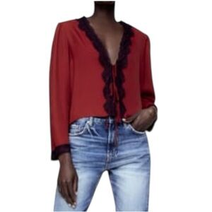 Women’s Zara Red Tie-Front Top with Black Lace Detailing  SZ M